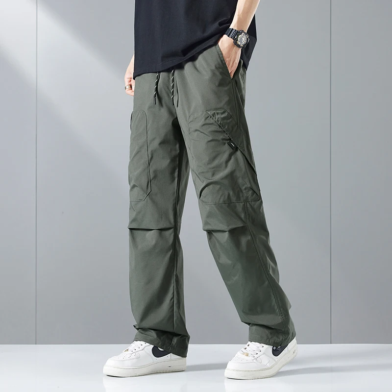 Herren-Cargohose aus Polyester, gerade, locker, weites Bein, Freizeithose, 2025, Sommer, Herbst, Outdoor, dünne Cargohose mit mehreren Taschen, Übergröße 5XL
