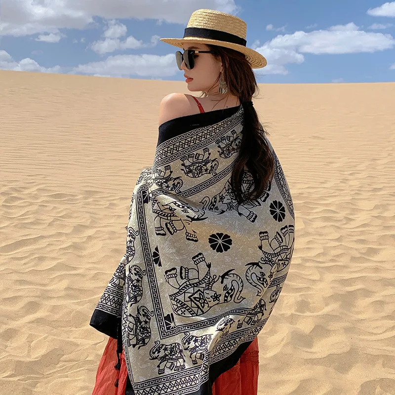 Spring Summer Women Scarf Elephant Print Tassels Hijab Lady All-match Luxury Scarves Female Travel Shawl Ethnic Style Capes