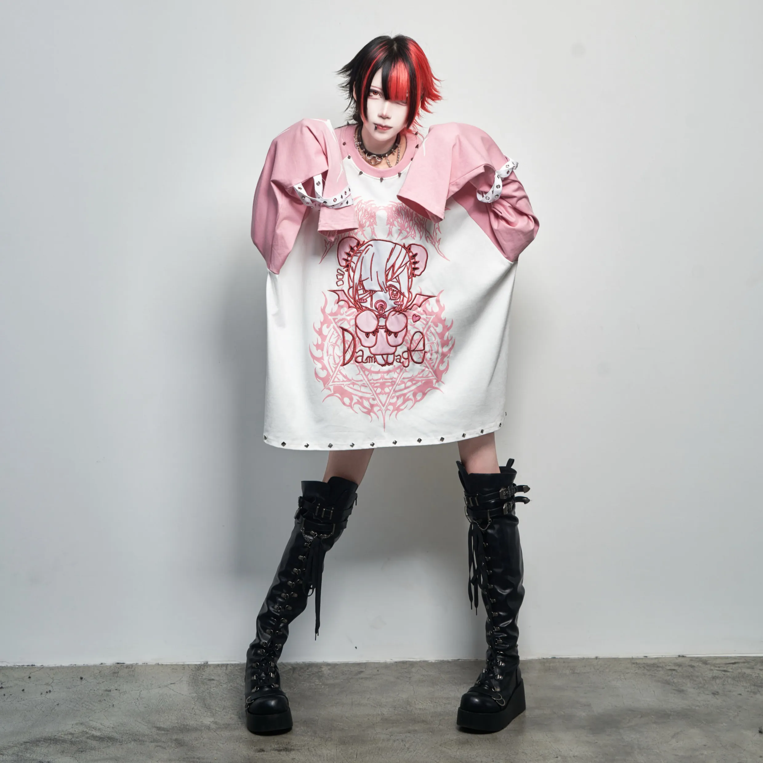 2K Gothic Cartoon Print Long Sleeve Shirt Oversized Loose Fit Streetwear T Shirt with Decor Straps