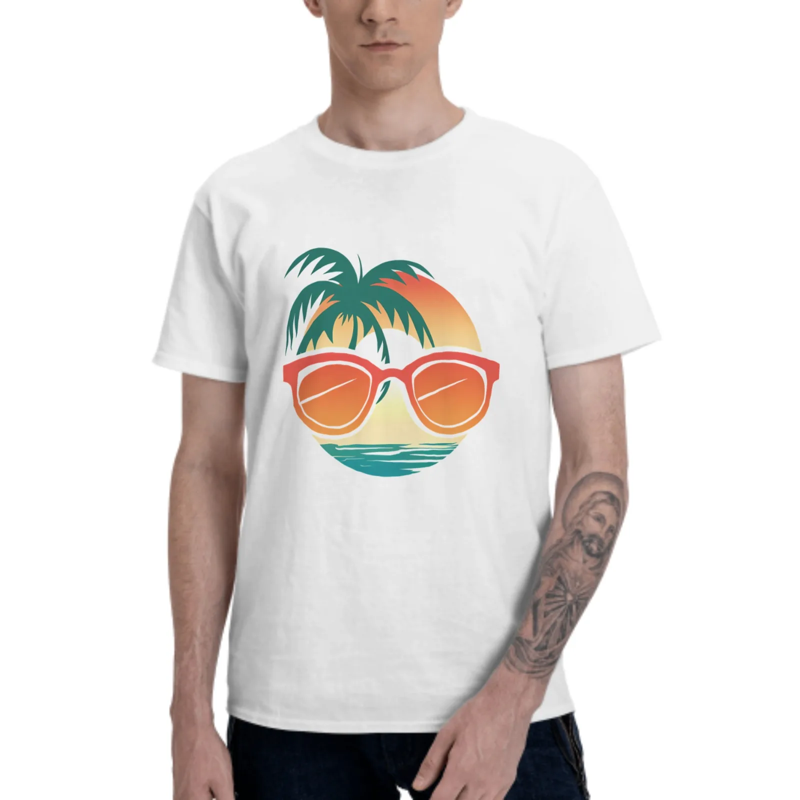 T-shirt manches courtes pour homme, estival et à la mode, avec lunettes de mer et arbre, col rond