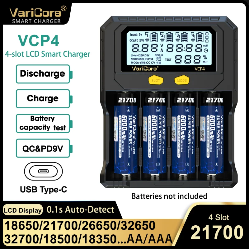 Varicore 18650 Battery Charger VCP4,3.7V 18350 14500 18500 21700 26650 1.2V AAA NiMH Lithium LCD Charger