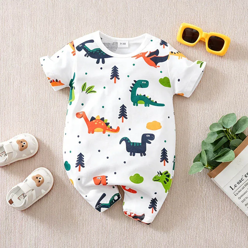 Mono de una pieza con estampado de bosque y dinosaurios de dibujos animados para bebé recién nacido, mono de algodón puro de clase A, seguro, suave y transpirable, mono diario de 0 a 18 meses