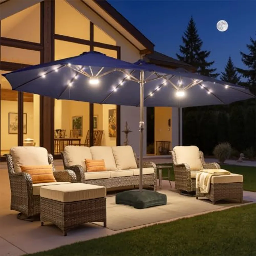 15 Feet Double Head Umbrella Outdoor Patio With Base for backyard use, durable polyester fabric, classic black color, UV-resist