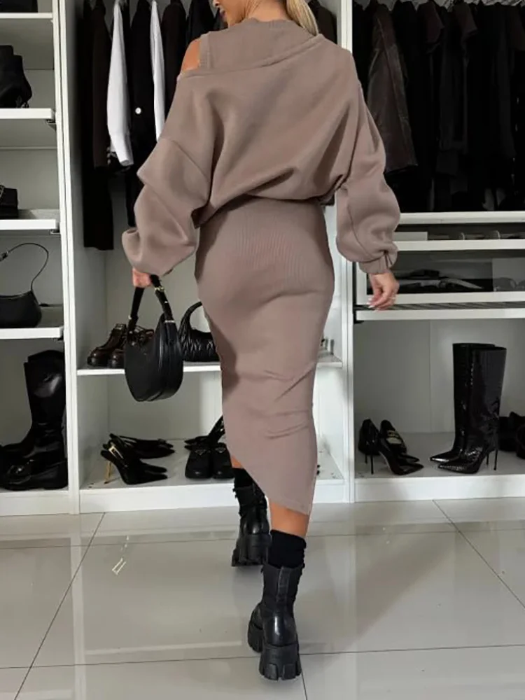 Elegant Female Solid Sweatshirt And Dress Suit Women Casual Loose Tops Dress Outfit 2024 Autumn Ladies Round Neck Two Piece Suit