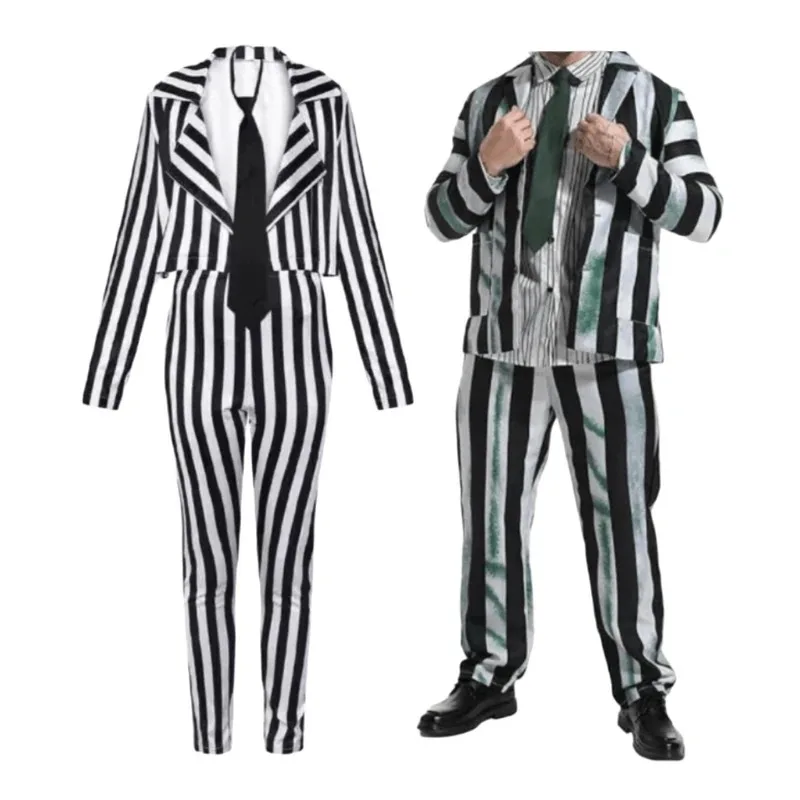 

Movie Beetle Cosplay Costume Disguise Black White Stripe Coat Pants Suits for Adult Full Set Halloween Carnival Clothes Roleplay