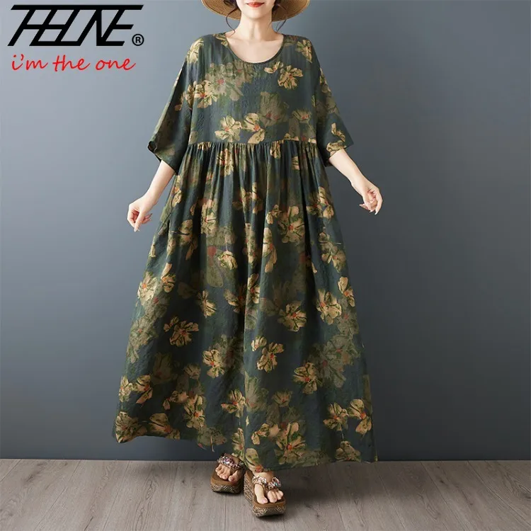 Sukienki damskie 2026 Jesień Zima Maxi Długi Rękaw Vestidos Largos Feminino Robe Boho Casual Kwiatowe Luźne Bawełna Len — zdjęcie 4