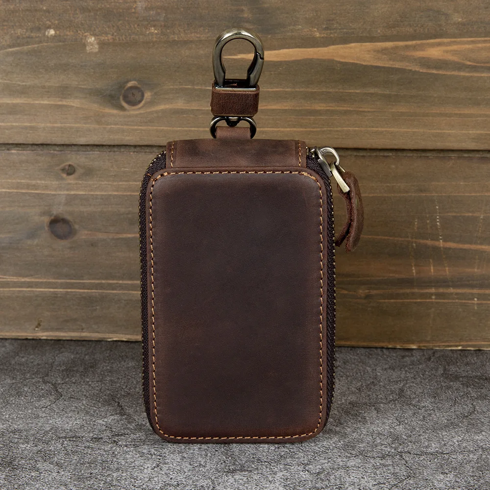 Crazy Horse Pull-Up Leather Key Holder - Zippered Anti-Loss Organizer for Car Home, Top Grain Cowhide Keychain Case