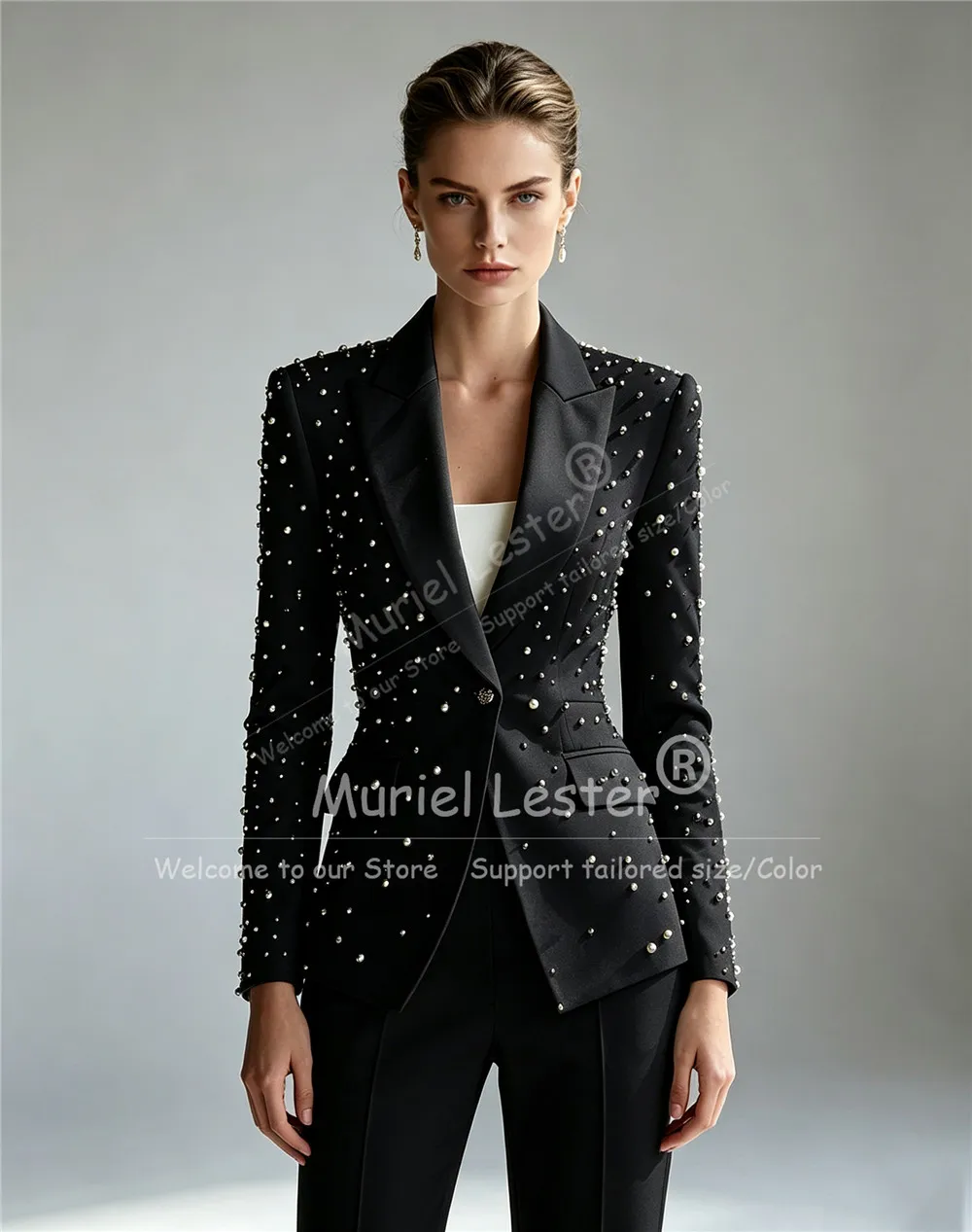 Elegant Pearls Beading Suits Women 2 Piece Sets Single Breasted Jacket Pants Customized Prom Blazer Lady Business Party Clothing view 3