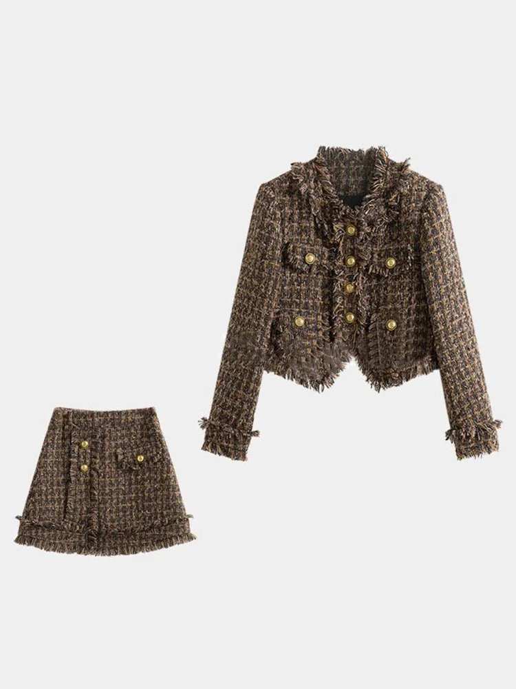 Insozkdg-Conjunto de dos piezas de Tweed pequeño y fragante para mujer, trajes con diseño de borlas de industria pesada, chaquetas cortas + Mini falda de tubo, otoño