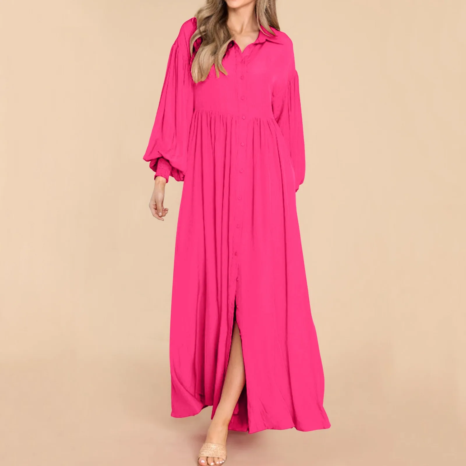 

Casual Shirt Long Dress For Women Summer Turndown Collar Long Sleeve Solid Color Maxi Dress Female Fashion Loose Pleated Dresses