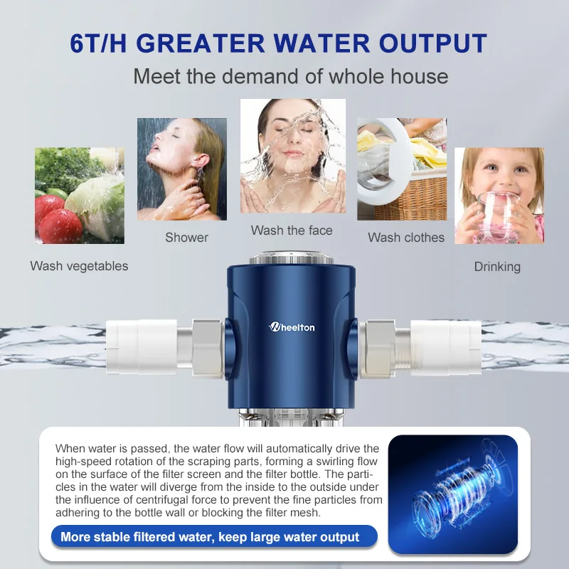 WHEELTON Whole House Water Filter Spin Down Sediment System Pre-Filter Auto-Rotated Flush Double-sided Scraper 1/2\