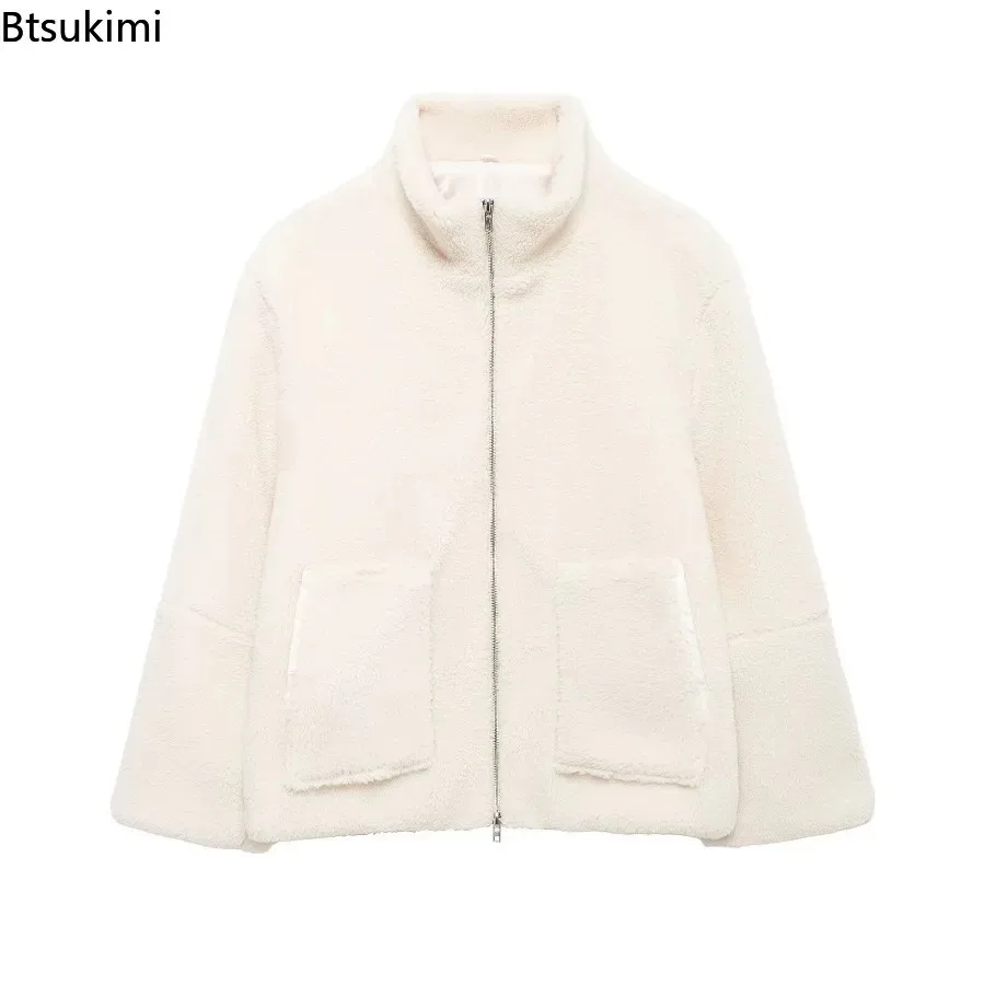 2025 Winter New Women's Wool Jackets Casual Loose Simple Versatile Zipper Stand Up Collar Long Sleeve Warm Coat Women Streetwear