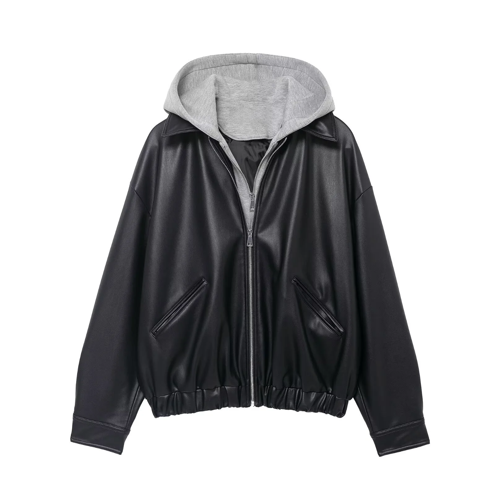 

2025 Winter New Women's Casual Fashion Simple Faux Two-Piece Patchwork Leather Jacket Hooded Long-Sleeved Coat