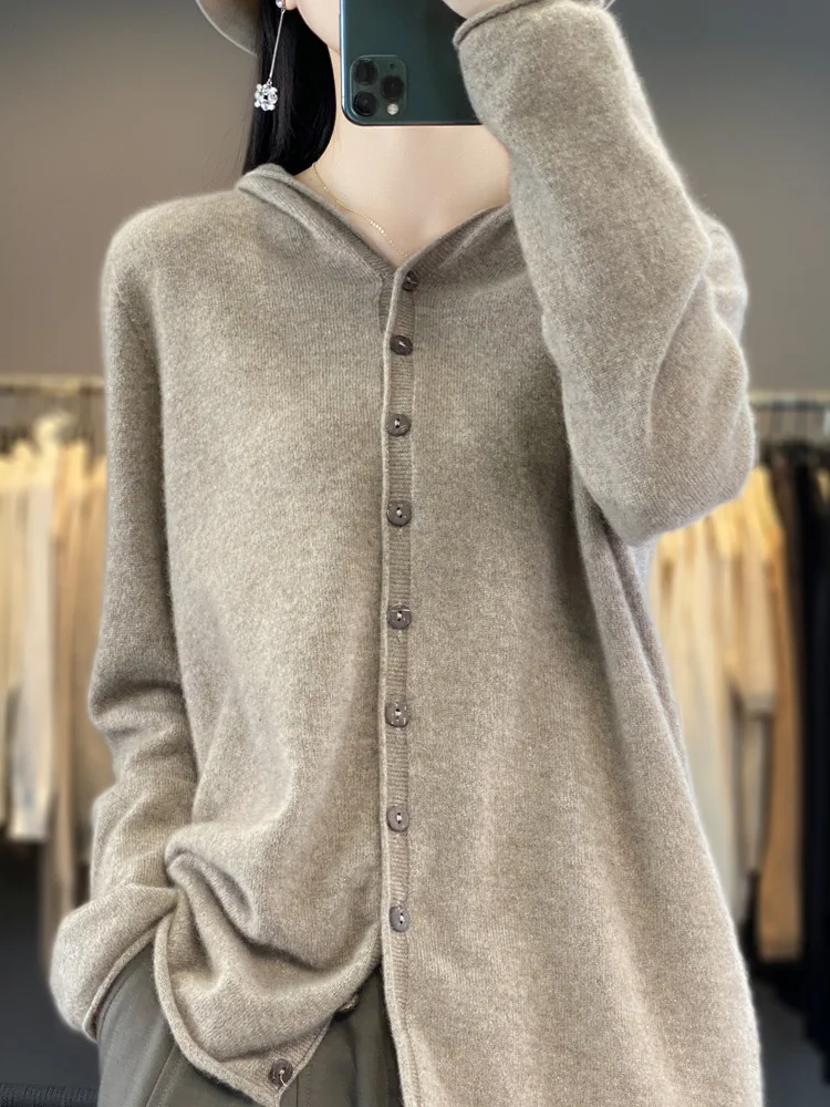 Female 100% Merino Wool Sweater Women Cashmere Cardigan Knitwear Loose Hoodie Clothing Aliselect Spring Autumn Comfort Tops