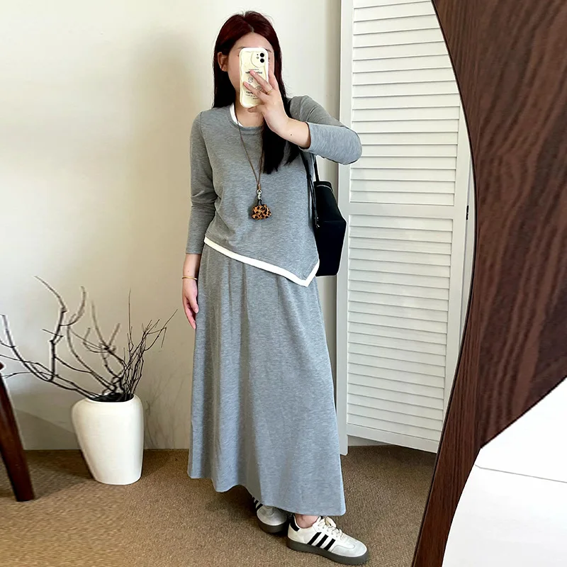 

Loose Knitted Two-Piece Set for Women Autumn plus Size Asymmetrical Long Sleeve Pants And Skirt Fashionable Comfortable Ensemble