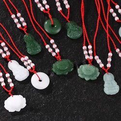 Buddhist White Jade Hand Woven Pendant Necklace Lotus Guanyin Buddha Long Life Lock Pendant Lucky Necklace