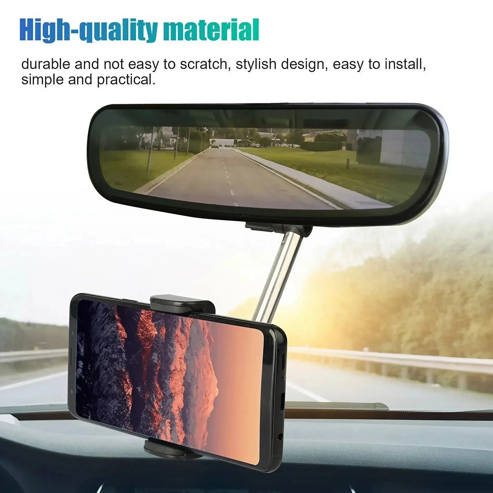 Universal 360° Car Rearview Mirror Phone Mount, Adjustable Holder for Smartphones and GPS Navigation