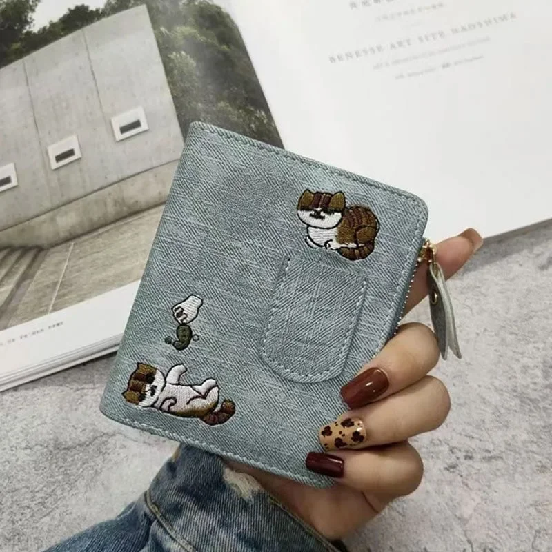 

BOMO Cute Wallets for Women Fashion Denim Short Version Card Wallet Casual Korean Style Kawaii Embroider Coin Purse for Women