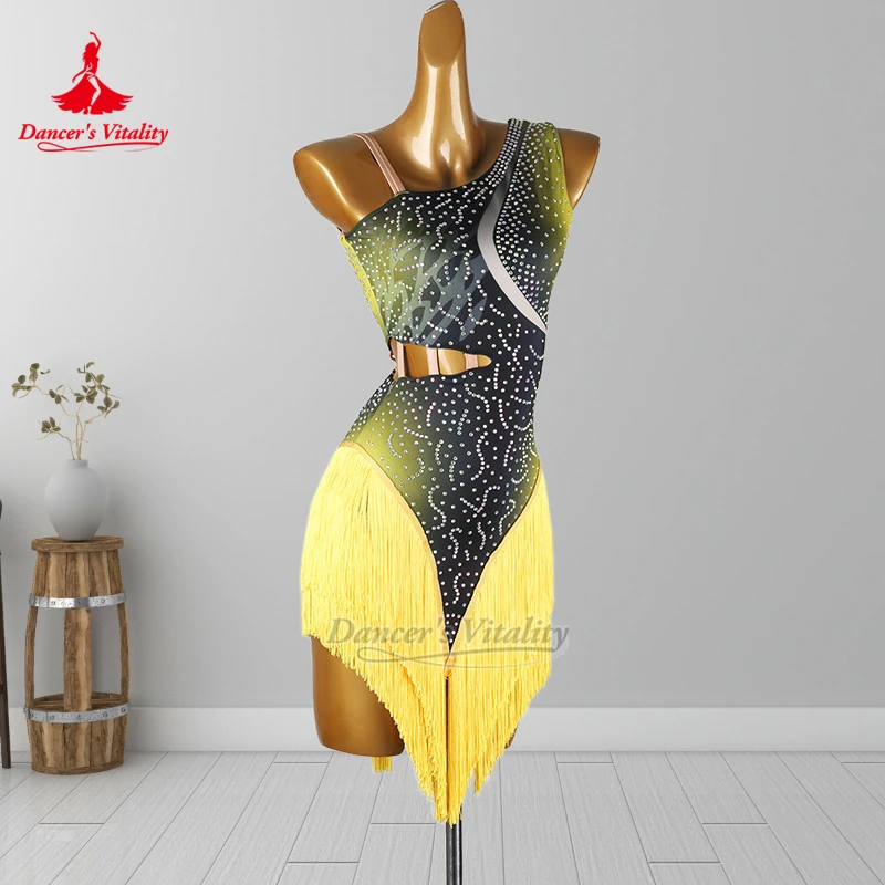 ダンサーの活力ノースリーブシングルショルダーラテンダンスタッセルドレス大人&子供チャチャグラデーションカラーパフォーマンス服カスタム