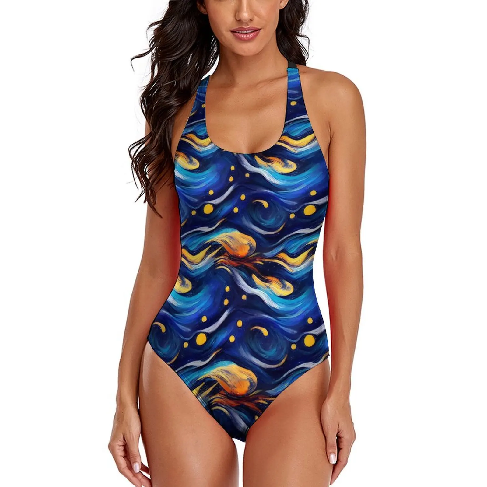 

Blue Starry Night Swimsuit Abstract Painted Swimwear One-Piece Monokini Sexy Vintage Fitness Bodysuit Large Size