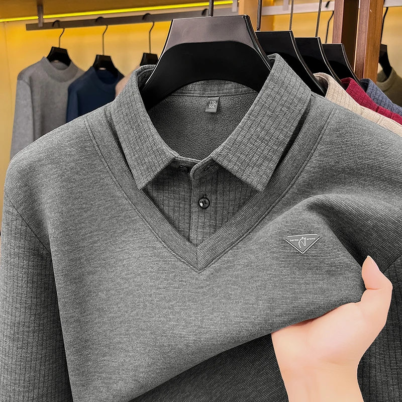 Luxusmarke Herren Einfarbiges Bedrucktes Poloshirt Herbst Neu Langärmeliges Revers Falsches Zweiteiliges T-Shirt Business Casual Herrenbekleidung – Detail 4