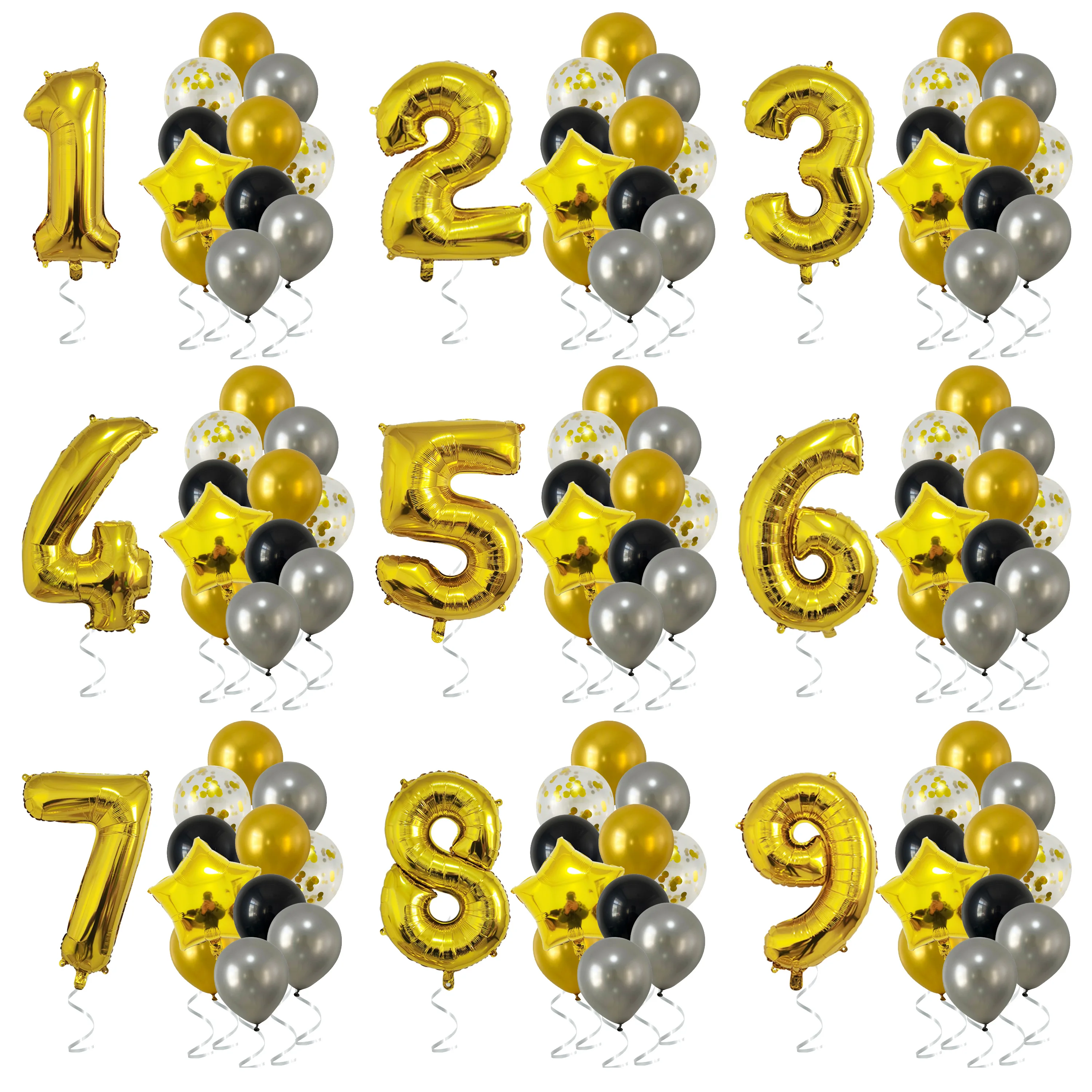 14 Pcs Gold Silver Black Mixed Balloons 1 2 3 4 5 6 7 8 9 Years Old Birthday Party Decoration Kids First Birthday Decor supplies