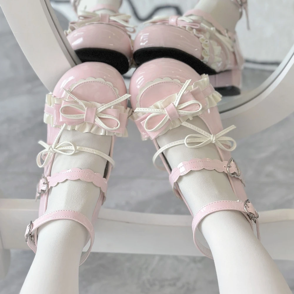 

Lolita Shoes Low Heel Summer Kawaii Platform Shoes Pink Mary Jane Leather Heels Women Japanese Casual Sweet Shoe Pumps