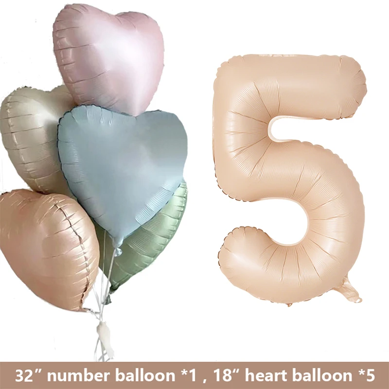 1set Retro Caramel Heart Balloons with 32inch Number Foil Balloon For Kids 1st Birthday Party DIY Decoration Supplies Wedding