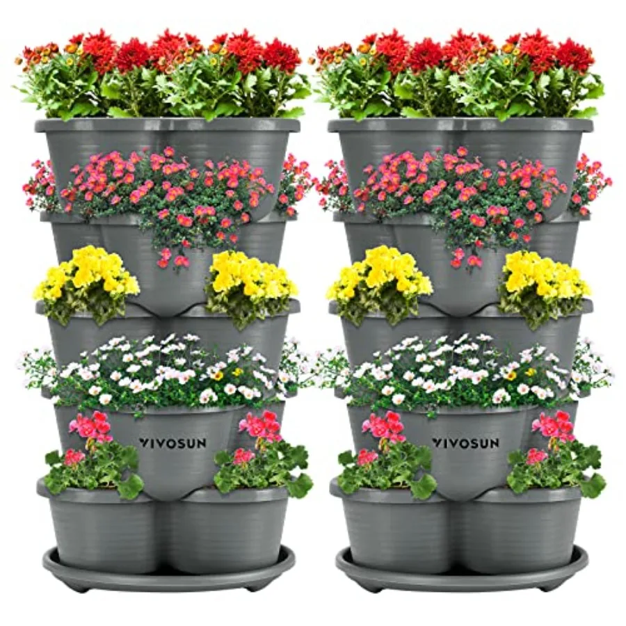 

2-Pack 5 Tier Vertical Gardening Stackable Planter for Strawberries Flowers Herbs Vegetables Grey