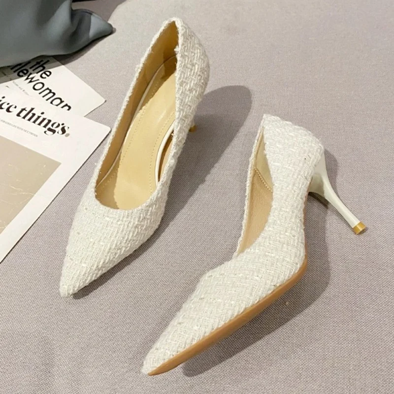 Tweed Cloth Pointed Toe Pumps Ladies Elegant Thin High Heels Office Shoes Women Brand Designer Slip On Stiletto Heel Party Shoes