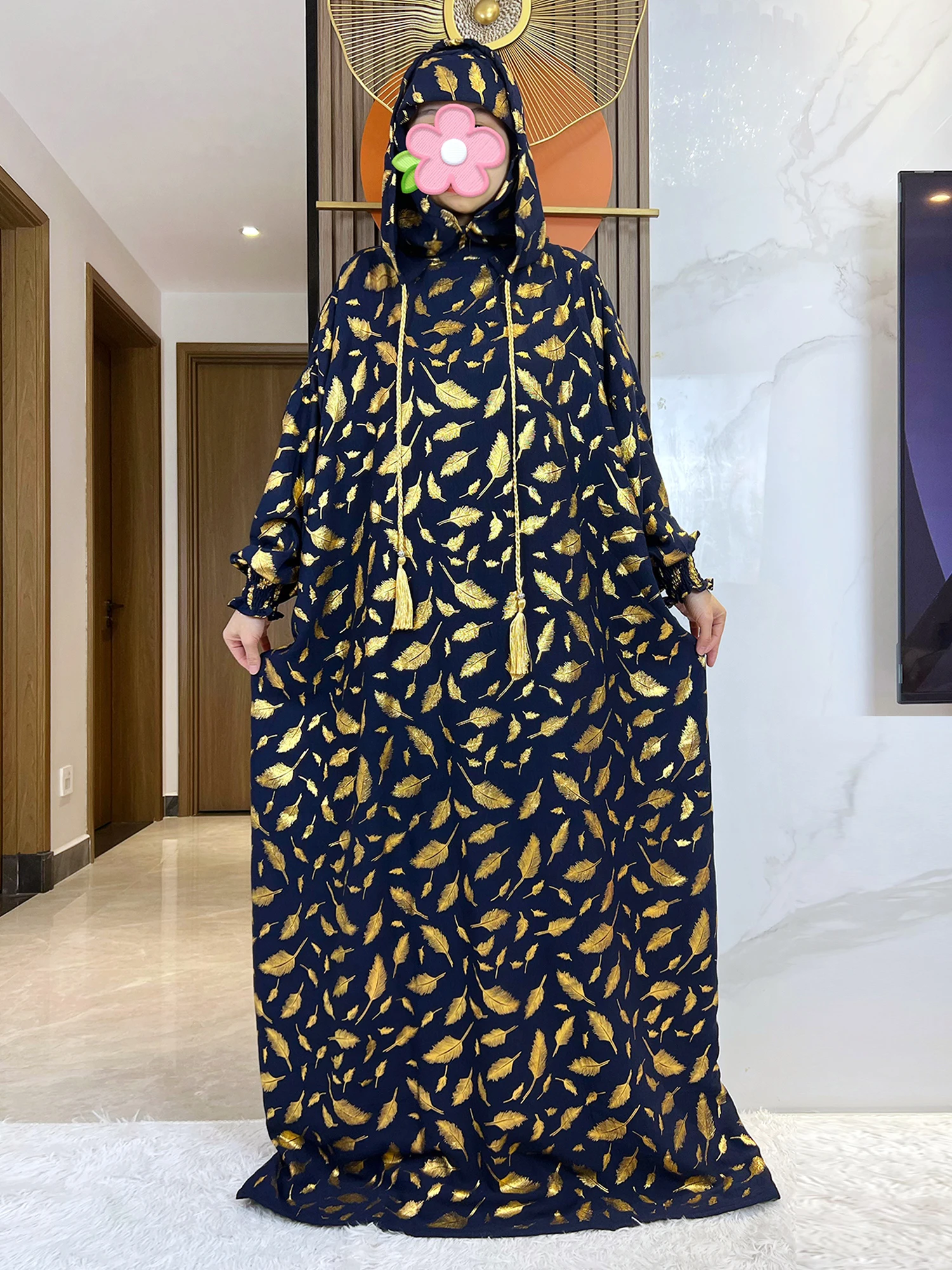 2025 New Cotton Ramadan Muslim Two Hats Abaya Dubai Turkey Islam Prayer Clothes Gold Stamp Dress Islam Women Dress Kaftan