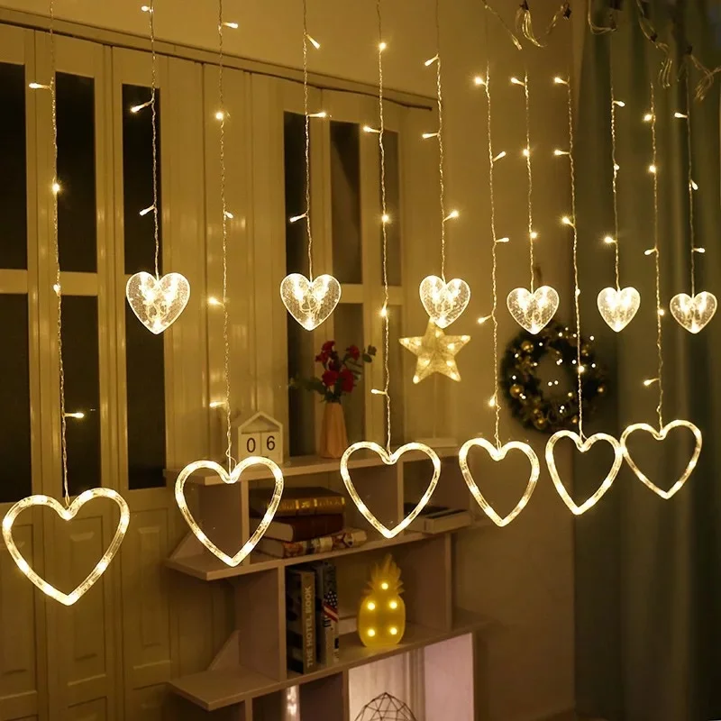 Cadena de luces de cortina en forma de corazón, enchufe europeo, 8 modos, guirnalda de Navidad, luces de hadas para fiesta en casa, boda, decoración de Año Nuevo