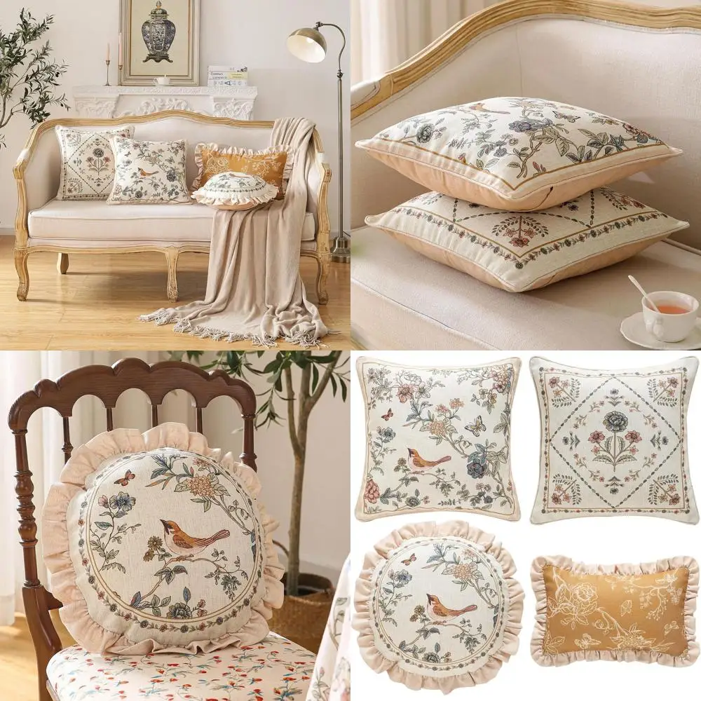 

Набор из 4 льняных наволочек с цветочным принтом и птицами, желтый и розовый узор Hwamei, круглые и квадратные для дома и улицы