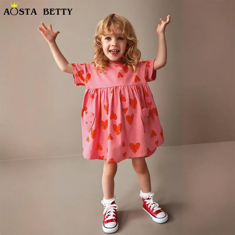 Girls' dress, new summer style, children's short-sleeved dress, fashionable heart print children's princess dress