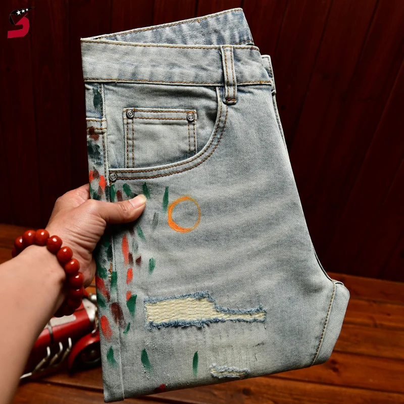 

Men's Ripped & Patchwork Denim Pants, Street Style Paint Splatter Printed Jeans, Slim Fit Fashion Trousers for Spring Summer2026
