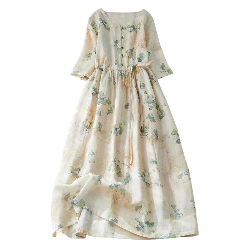 

Pop Cotton Blended Floral Print Dress Women's Summer New Retro Chic Elegant Beach Dress Drawstring Long Bohemian Holiday Sundres