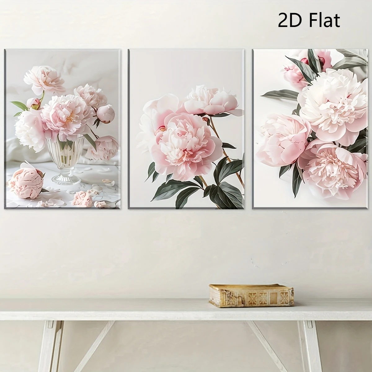 （3PCS NOFrame）-2D Flat, 2D Flat, A Set of Three Frameless Canvas Prints Featuring Pink Peonies, Designed in a Minimalist And