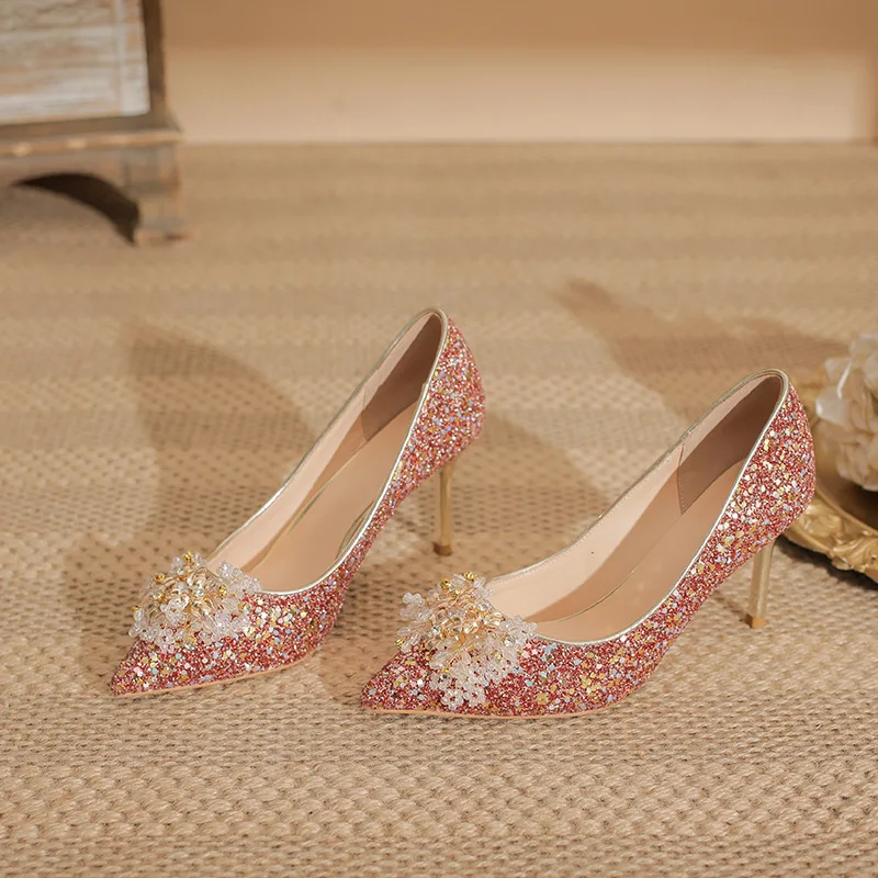 

6cm New Fashion Shallow Mouth Pumps Sequins High Heels Wedding Bride Women Red Shoes 41 42 43