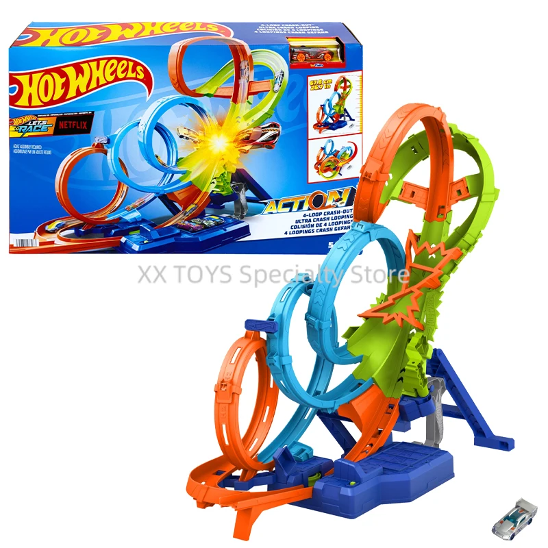 Hot Wheels 4-Loop Car Track Set with 3-Way Crash Zone and Motorized Booster - Folds for Storage - with 1:64 Scale Toy Car Toys