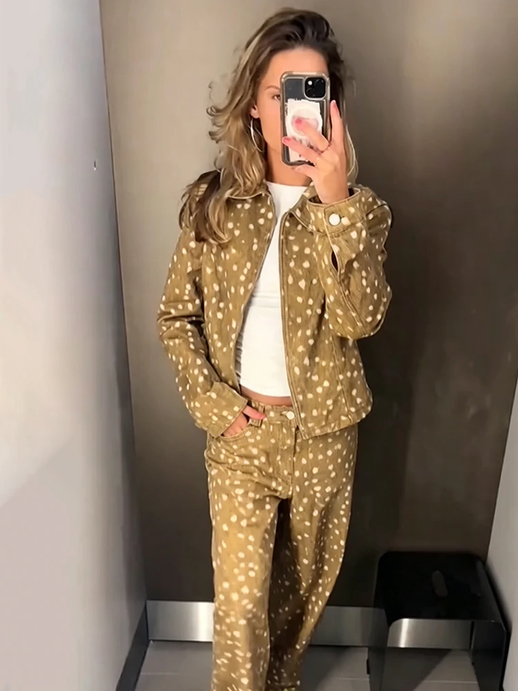 Retro Amerikanischer Hirsch-Punktdruck 2-Teiliges Outfit Reißverschluss-Jacke Knopflose Weite Hose 2026 Winter Neue Lässige Damen-Hosen-Sets – Detail 8