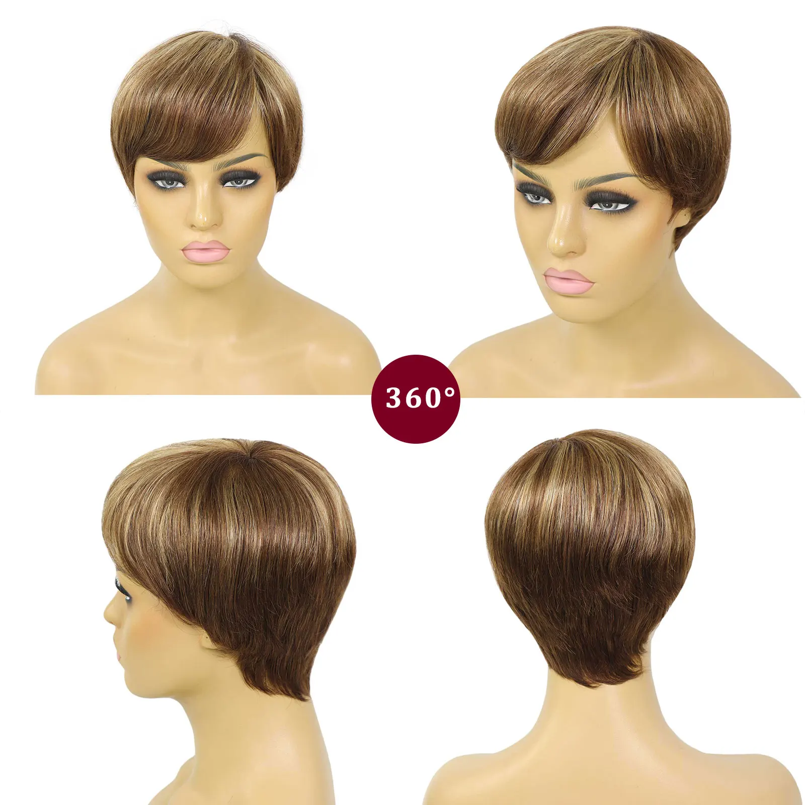 # 4/27 블론드 하이라이트 숏 픽시컷 가발 여성용 인모 레이어드 가발 페루산 밥 풀 머신 메이드 가발 150% 밀도