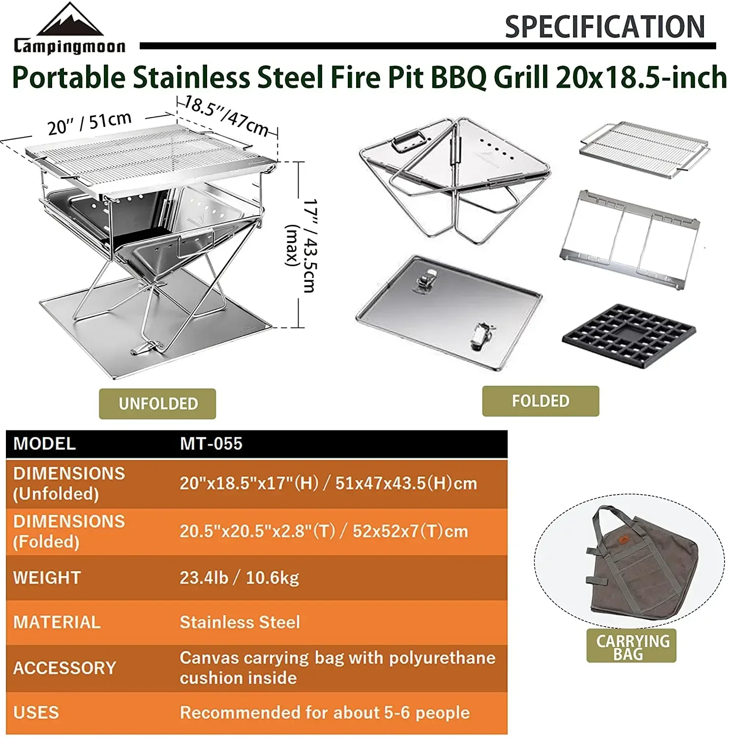 CAMPINGMOON Outdoor Woodland Backyard Garden Maximum Size  Folding Stove Stainless Steel Charcoal Bbq Grill Fire Pit Roast