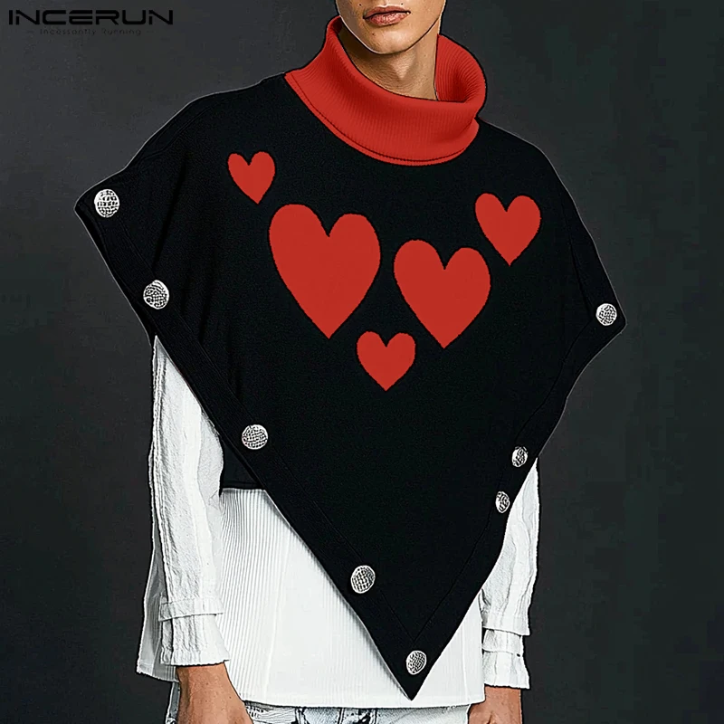 INCERUN Men Loose Sleeveless  Coats 2024 American Fashion Simple Heart Printing Cloaks Handsomen High Neck Elegant Male Trench