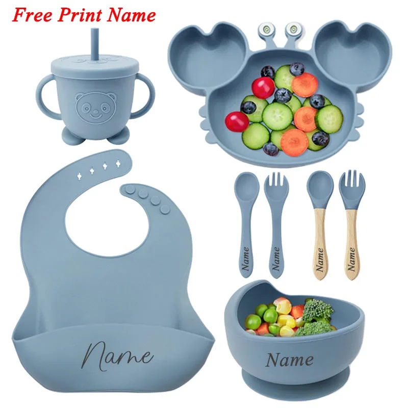 8Pcs Baby Feeding Set Children's Crab Plate Bowl Straw Cup Set Free Personalized Name Logo Tableware For Kids Baby Accessories