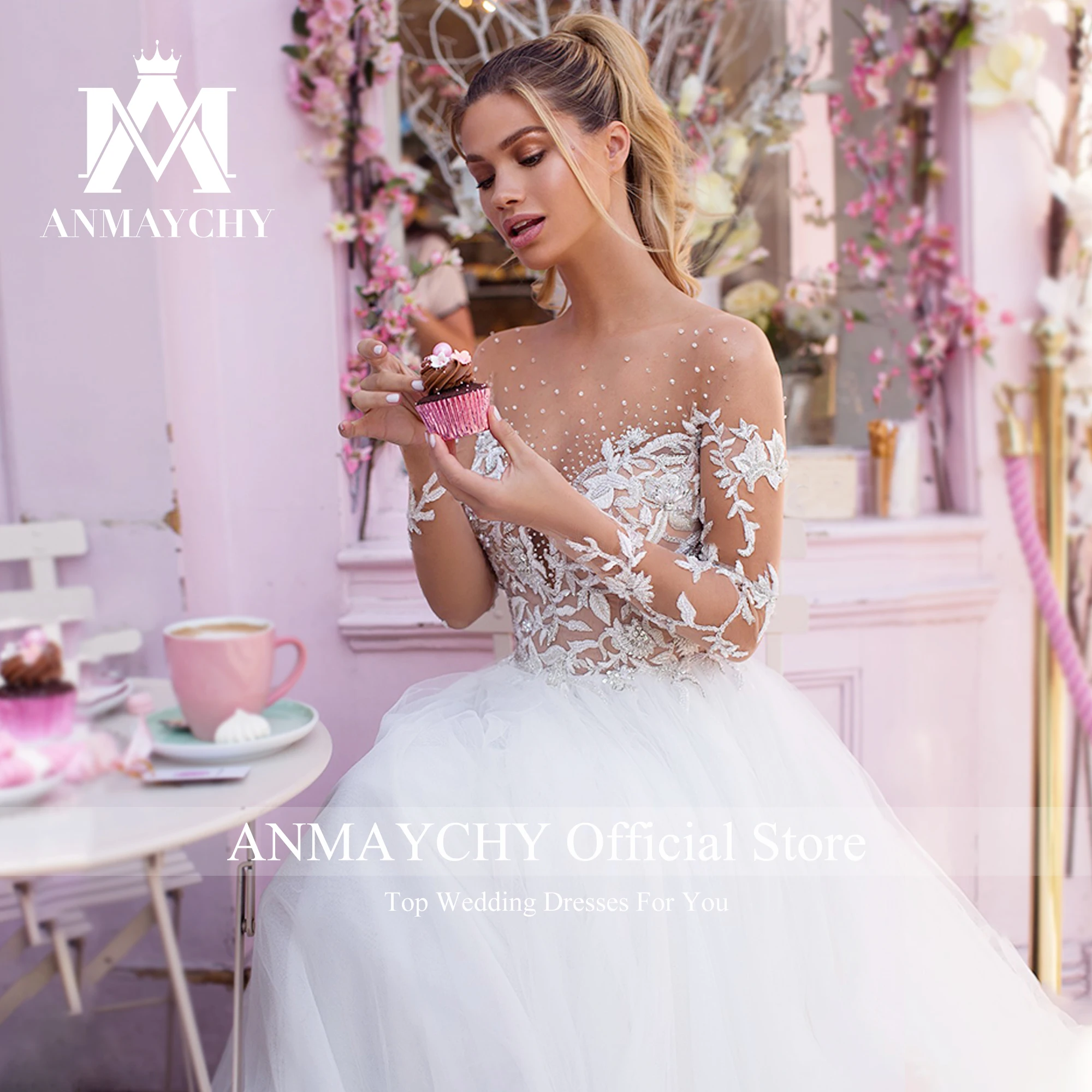 ANMAYCHY A-Line Wedding Dresses For Women 2023 Long sleeve Sweetheart Appliques Pearls Real Show Wedding Gown Vestido De Novia