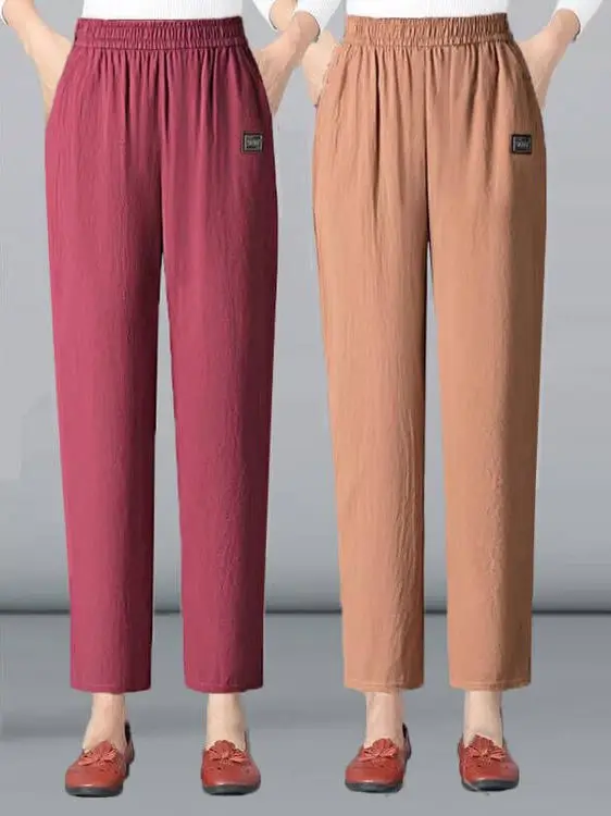 

Повседневные хлопковые льняные брюки для женщин среднего возраста, лето 2025, брюки-харлан с высокой талией, прямые, укороченные, свободного кроя, в корейском стиле