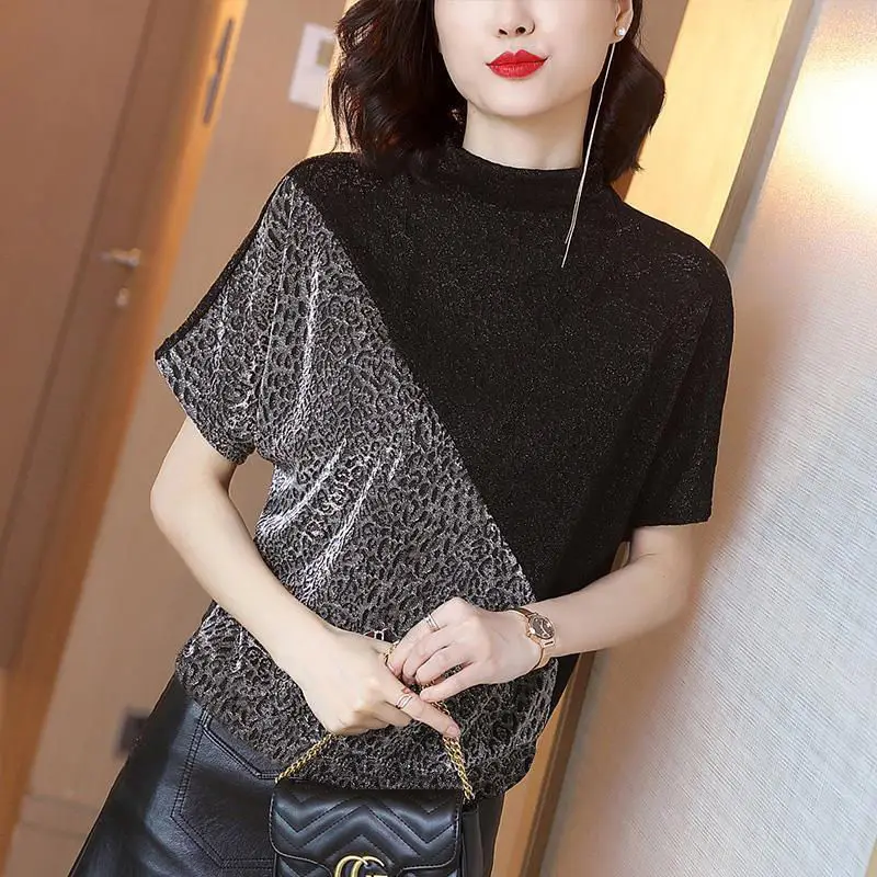 Elegant Women Autumn Summer Leopard Print Patchwork Blouse Half Neck Shirt Short Bat Sleeve Korean Casual Loose Vintage Top Lady