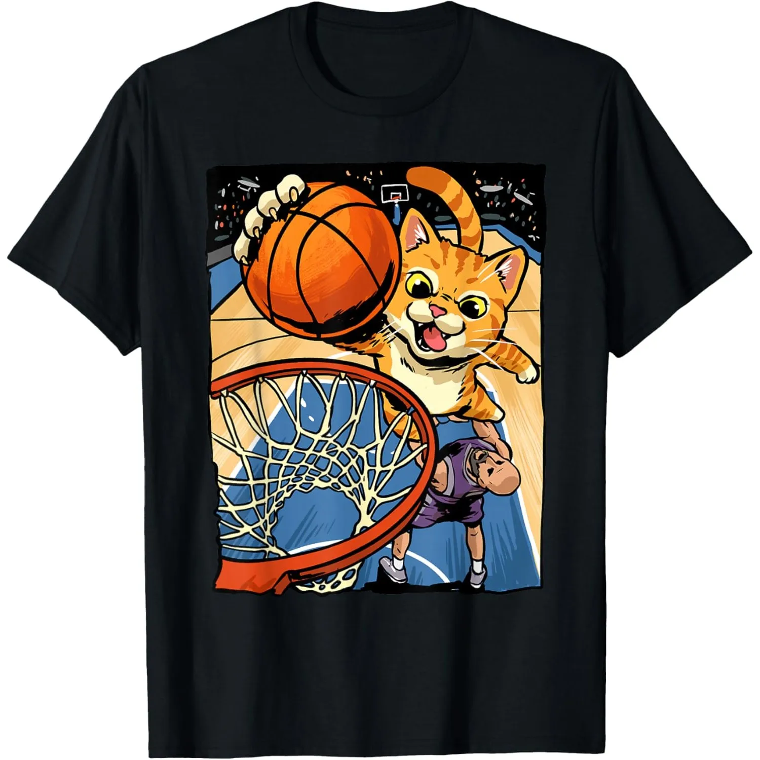 Funny Cat Dunking Basketball Graphic Tee Men Summer Short Sleeve Round Cotton T-Shirt