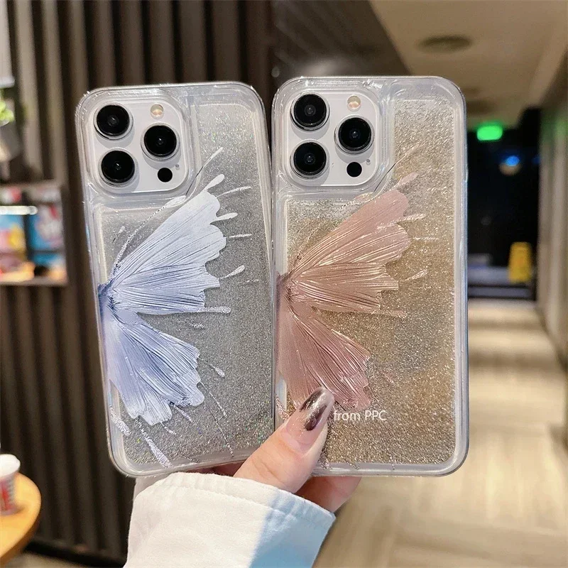 Cute Butterfly Wing Quicksand Case for iPhone 16 15 14 Pro Max 16Pro Glitter Gold Silver Moving Sand Cover Liquid Fundas Carcasa