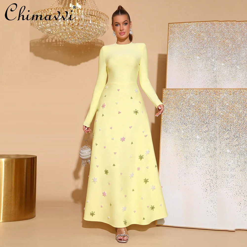 

French Elegant Socialite Bandage Evening Dress O-neck Long Sleeve Beaded High Waist A-line Yellow Maxi Party Dress Women Autumn